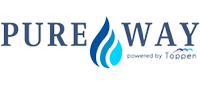 PURE WAY logo with blue water droplet icon and “powered by Toppen” text