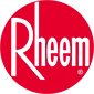 Rheem logo: white wordmark in a red circular emblem with a white crescent on the left