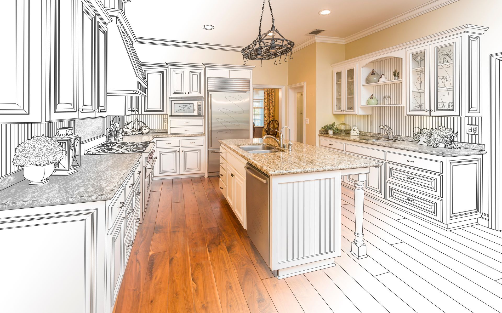 Bright white kitchen with central island, wooden floor, and cabinets along both sides.