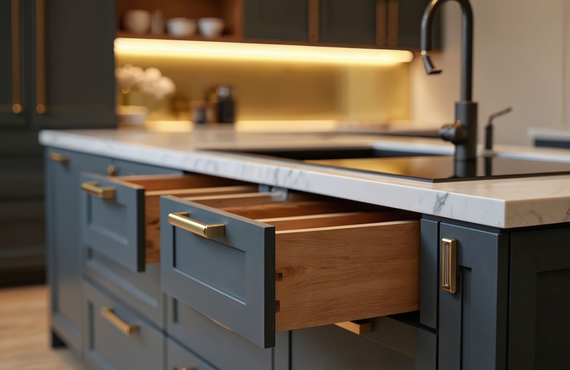 Modern kitchen island with a partially open wooden drawer and gray cabinetry under warm lighting