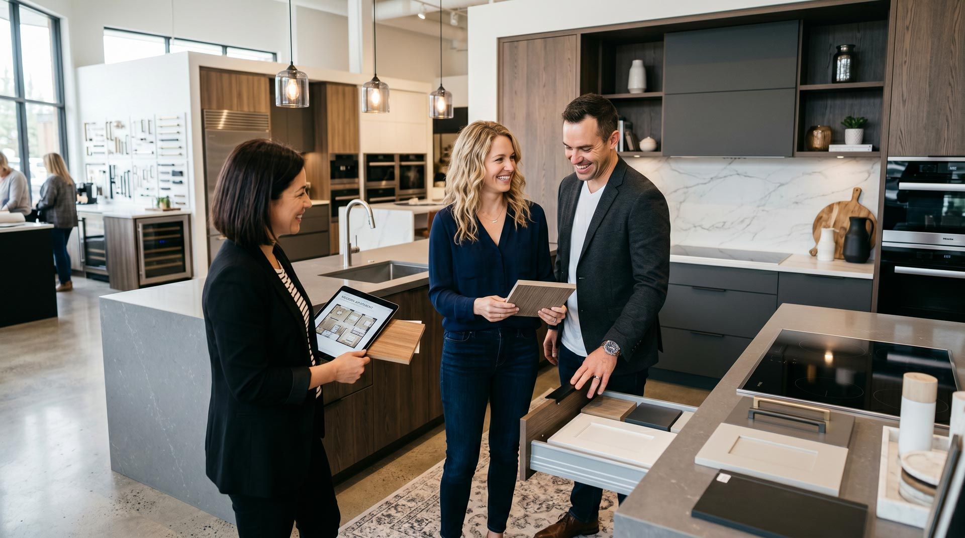 Three people discussing kitchen cabinetry in a bright showroom