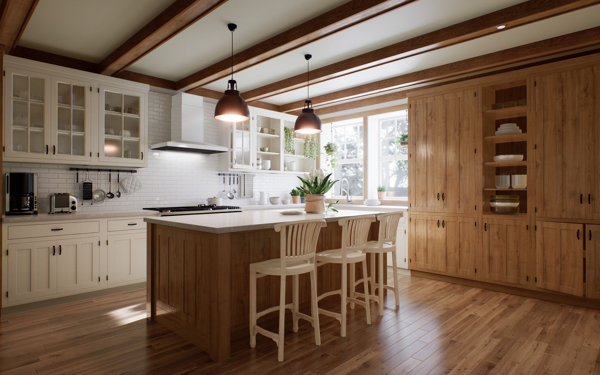 Modern kitchen with white cabinets, wood beams, island seating, and large windows overlooking greenery
