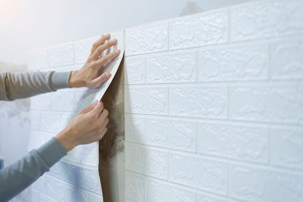 Hands applying adhesive-backed wallpaper to a white textured wall