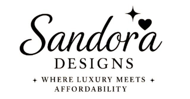 Sandora Designs logo: black cursive text, heart and stars, tagline "Where luxury meets affordability."