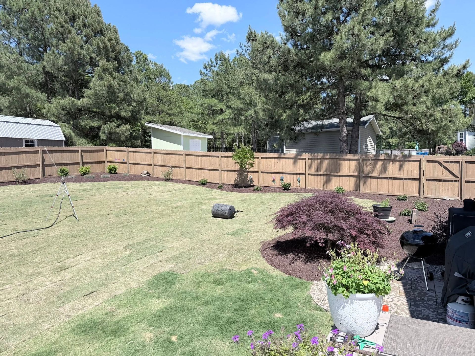 Backyard patio with yellow pergola, white stepping stones, and landscaped garden beside a suburban house
