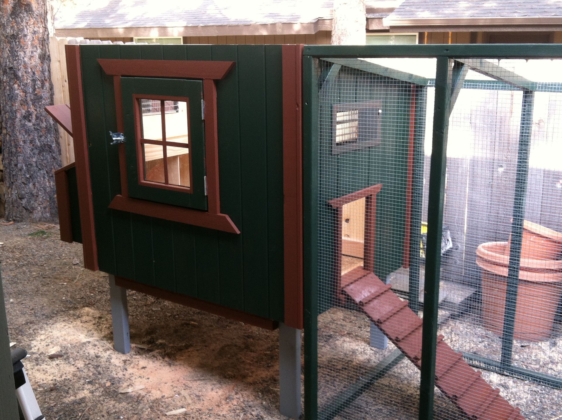 A green and brown wooden chicken coop on legs with a small window, access ramp, and an attached wire-mesh run.