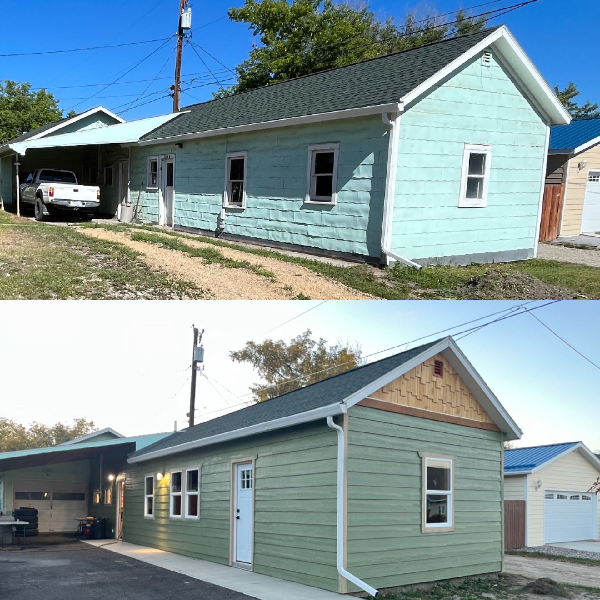 A before-and-after photo shows a house exterior renovation, changing from light blue stone to sage green horizontal siding.