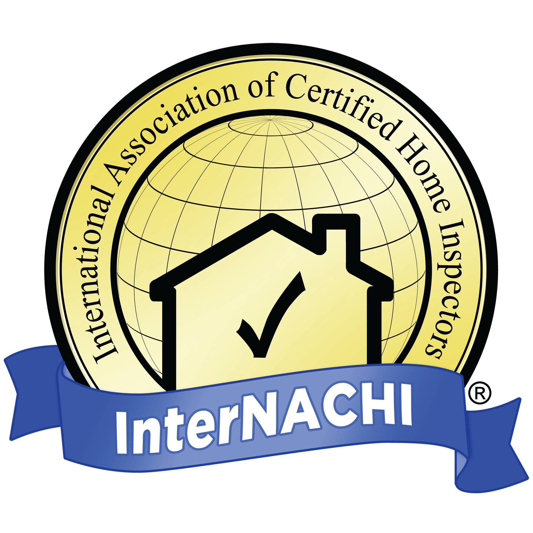 InterNACHI logo: gold globe with house, checkmark, and blue ribbon reading