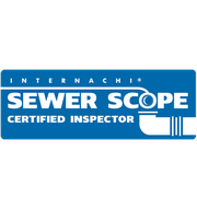 Blue and white Sewer Scope Certified Inspector badge with pipe graphic.