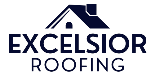 The logo for excelsior roofing shows a roof with a chimney on it.