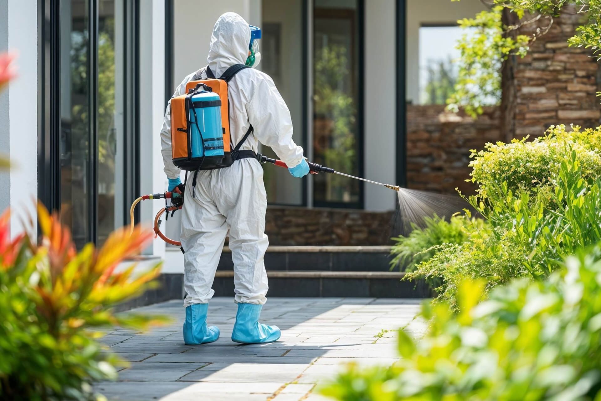 Two workers in white protective suits disinfecting a living room sofa with spray bottles.