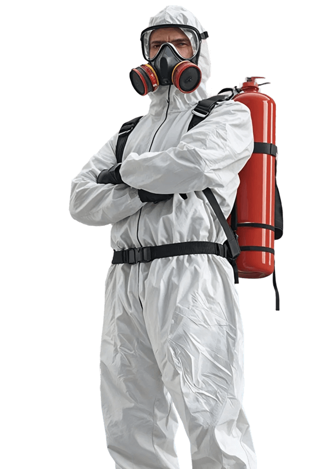 Person in white hazmat suit, respirator, and red tank standing with arms crossed