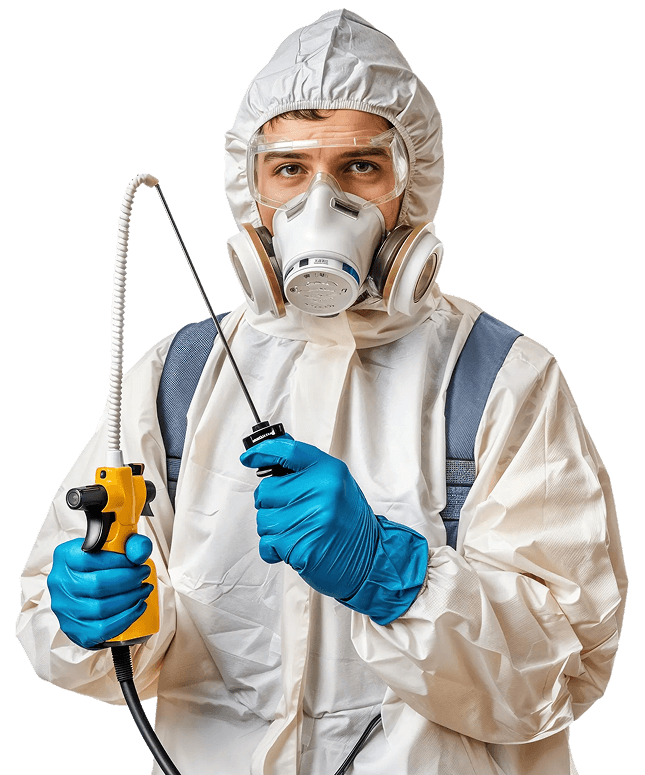 Person in hazmat suit and respirator holding a spray applicator and tube, ready for pest control.