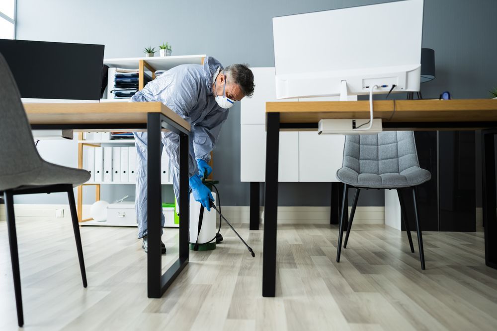 Worker in white protective suit disinfecting a living room with a green sprayer
