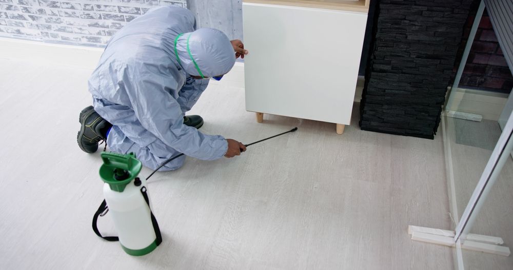 Person in protective coveralls cleaning a living room while a woman sits on a chair nearby.
