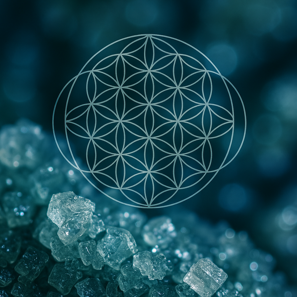 A close up of a flower of life on a pile of sugar crystals
