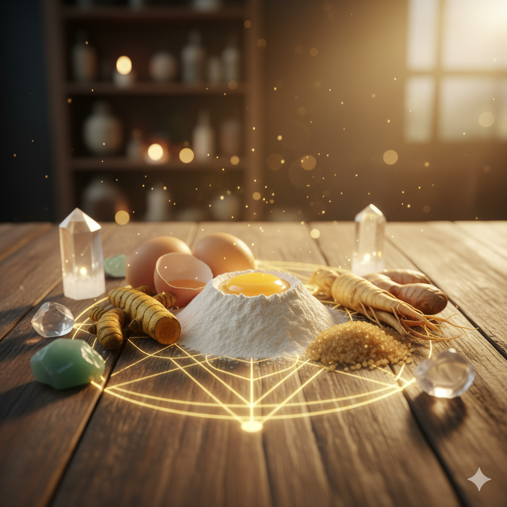 Wooden table with ingredients, crystals, and a glowing circle for a ritual.