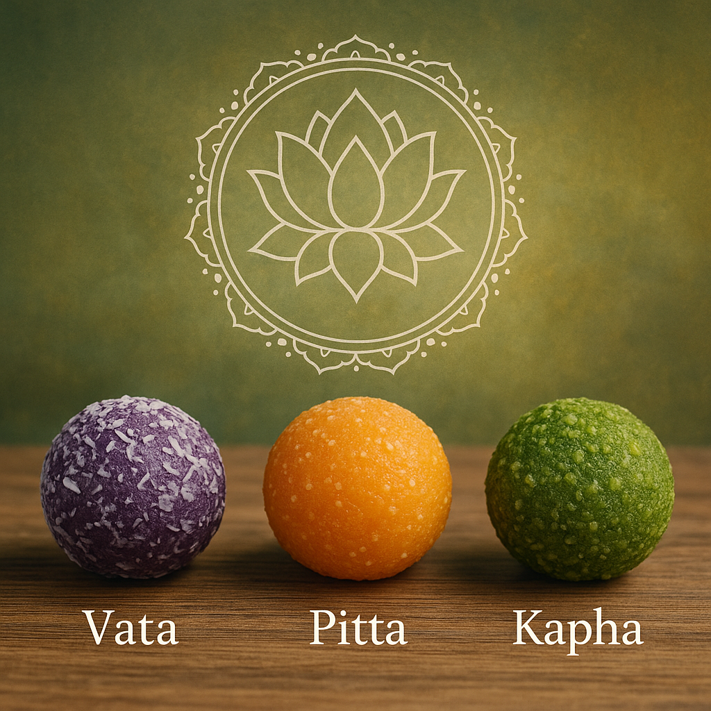 Three different flavor truffles dessert balls with the words vata pitta and kapha on them