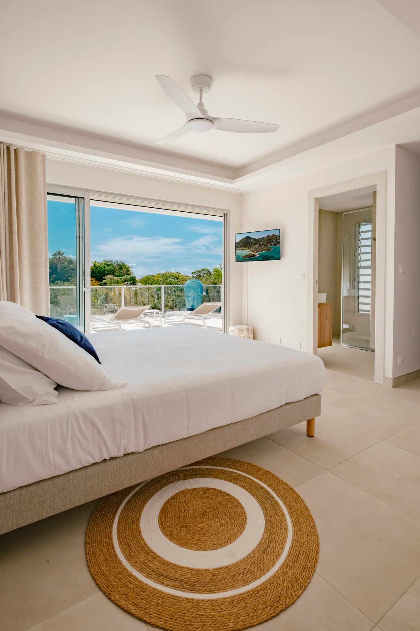 Bedroom with bed, closet, TV, and rug. Light-colored walls and carpet.