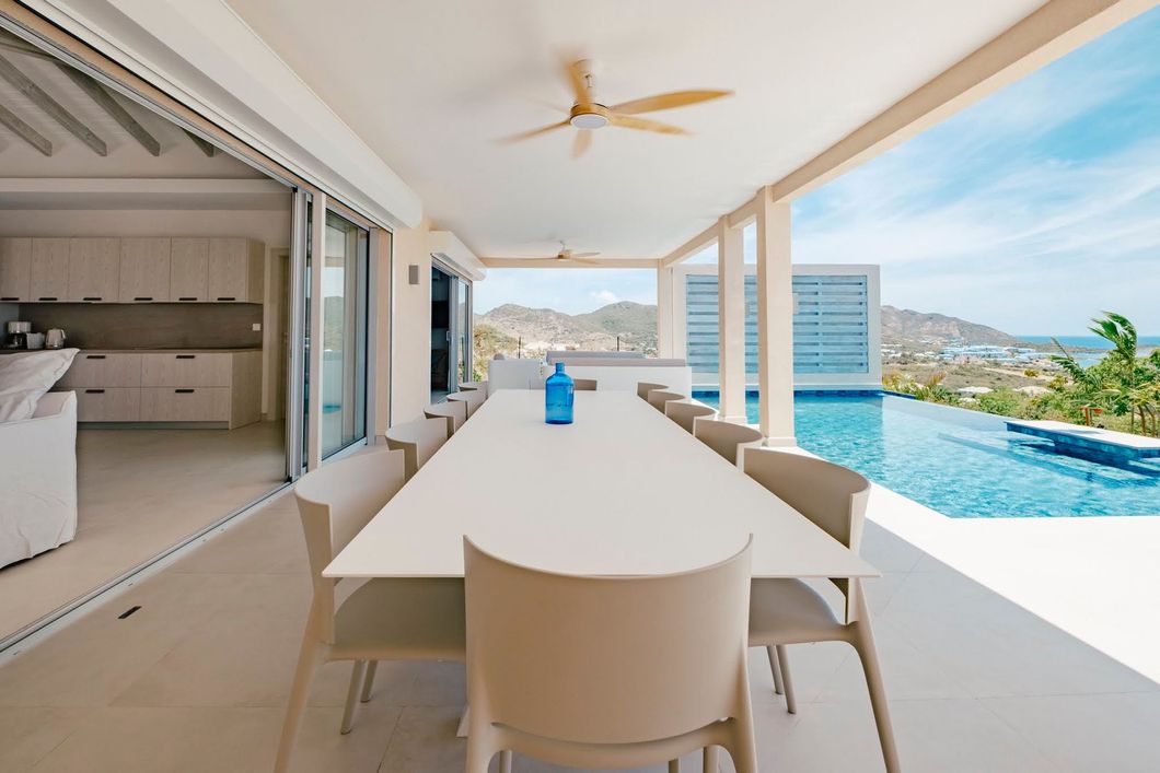 Two-story modern villas with rooftop gardens, swimming pools, and palm trees, on a grassy plot.