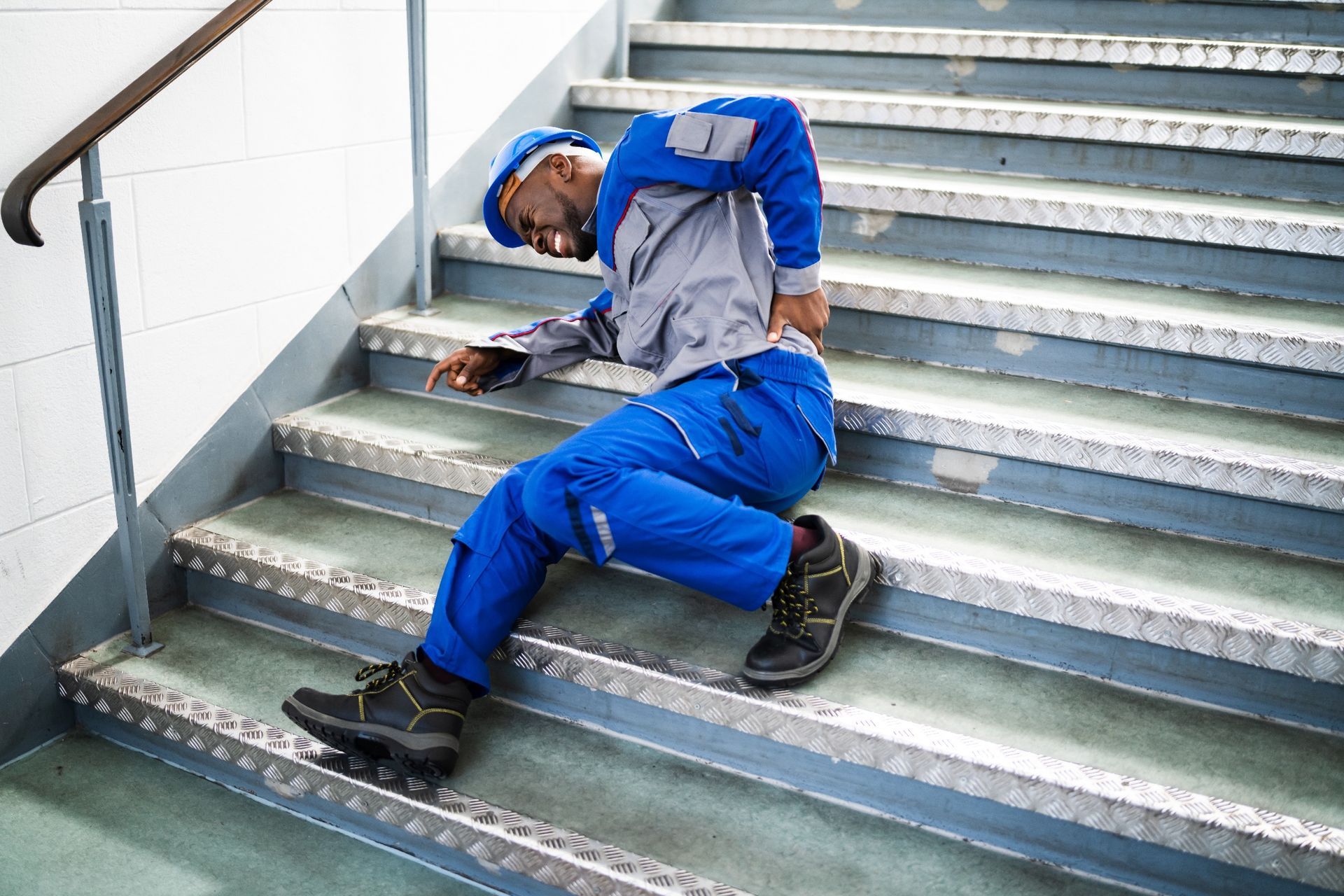 A worker in a blue and grey uniform sits on stairs, clutching their lower back in pain after a fall.