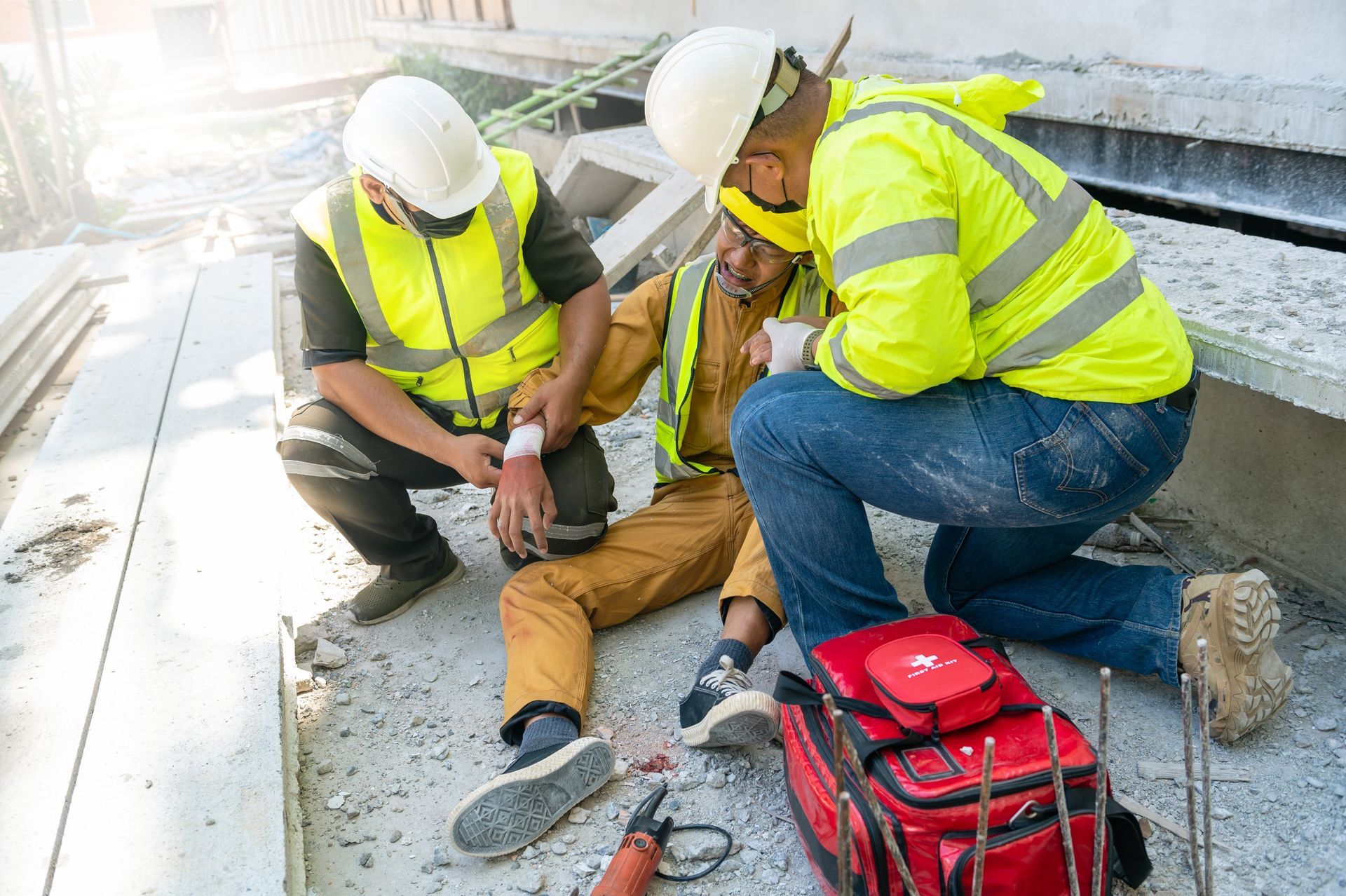 Two workers in high-visibility gear attend to an injured colleague at a construction site near a first-aid kit.