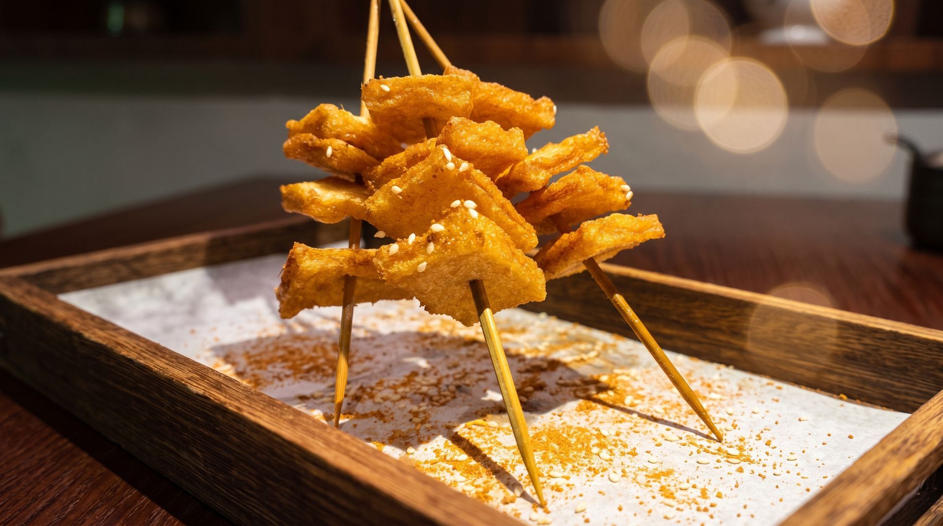 Golden fried appetizers skewered on sticks, stacked in a wooden tray with white paper lining.