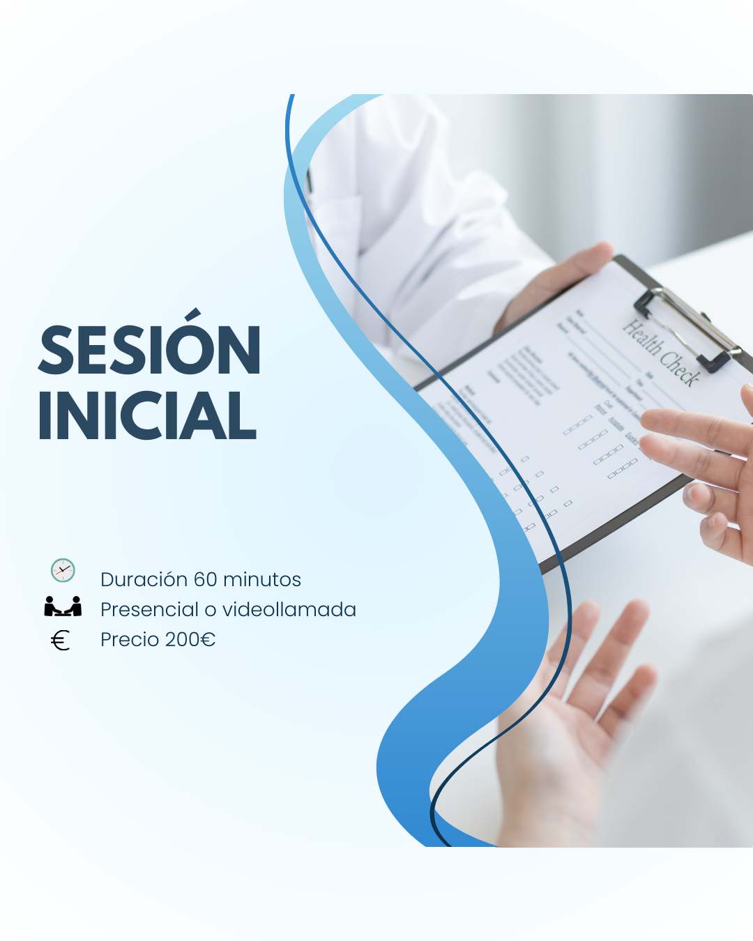 Sesión inicial con mano mostrando portapapeles, diseño azul y blanco de consulta médica