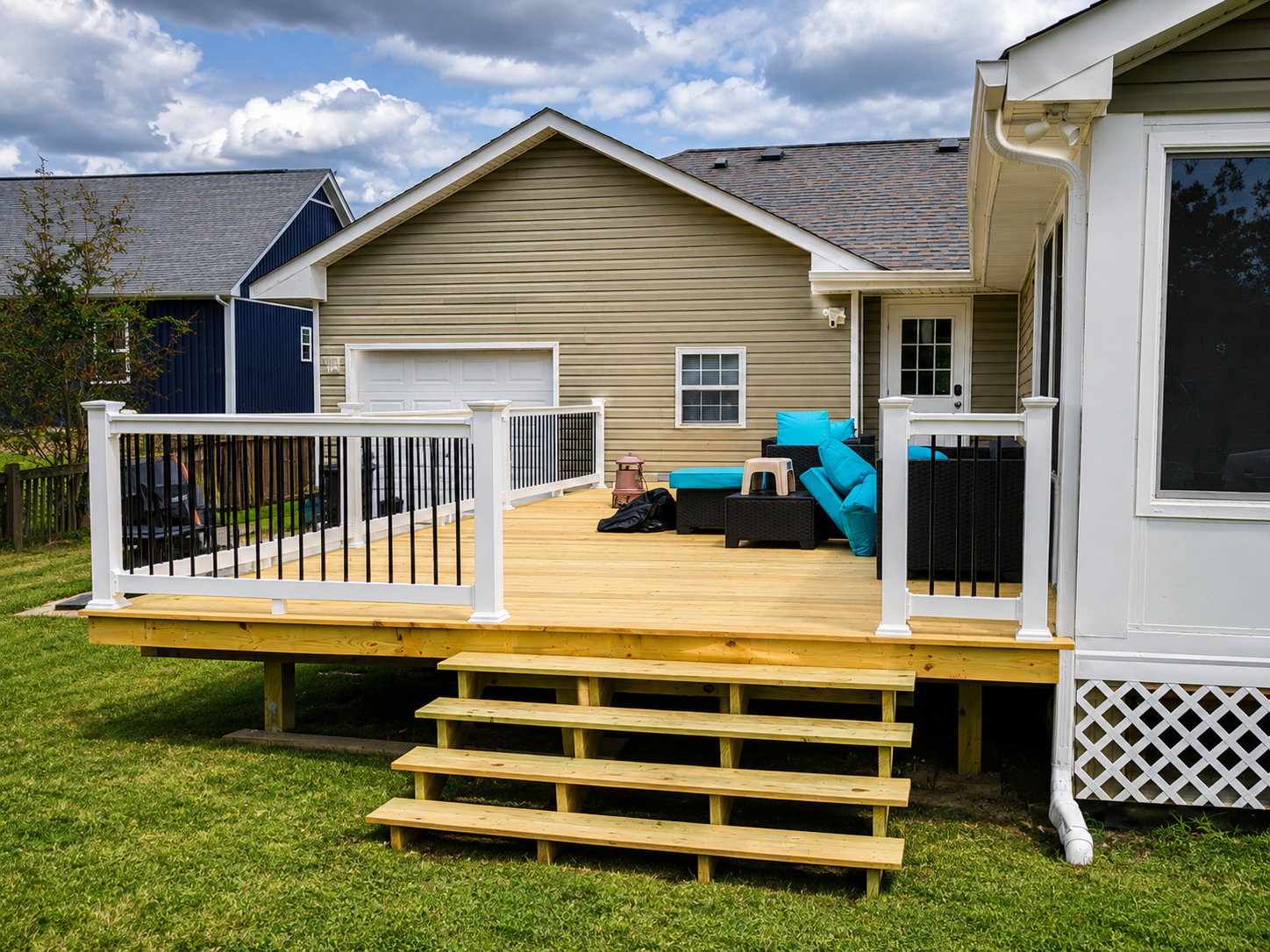 Wooden backyard deck with white railings, steps, and turquoise chairs beside a beige house