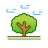 Stylized green tree with brown trunk under blue clouds on a simple white background