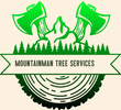 Green logo with two axes, pine trees, and the text “MOUNTAINMAN TREE SERVICES” on a wood-slice badge