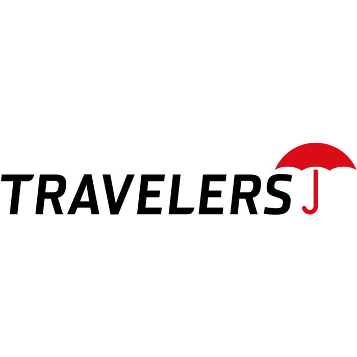 Travelers logo in black text with a red umbrella icon above the J