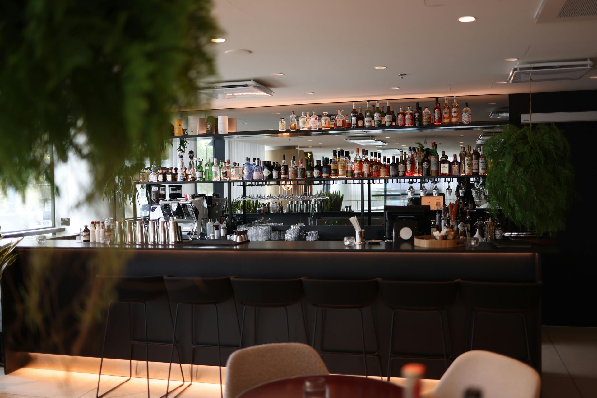 Modern bar interior with backlit shelves of bottles and stools at the counter