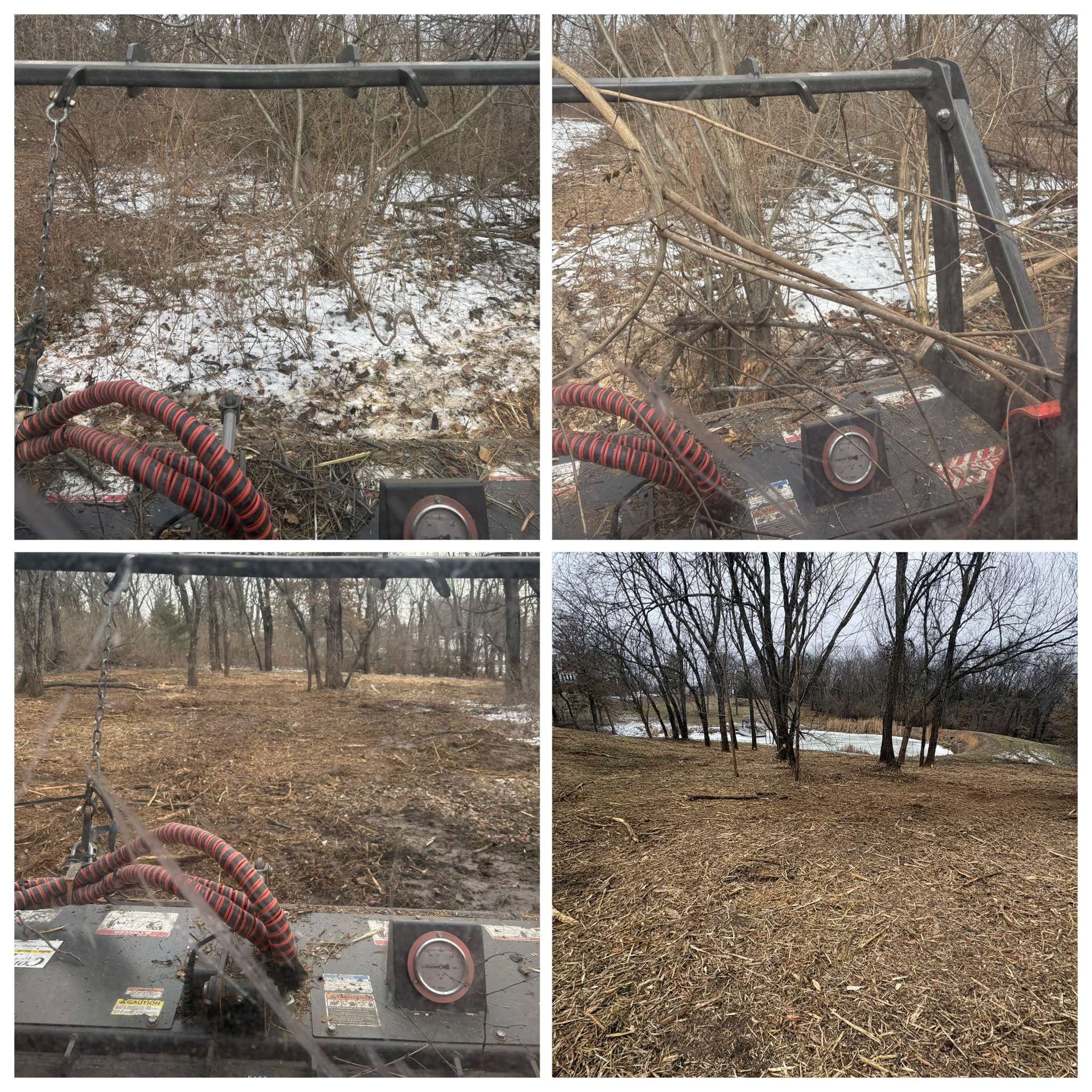Four views from an ATV showing a wooded, snowy trail and leaf-covered clearing in winter.