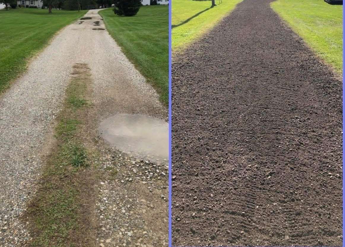 Gravel path comparison: left muddy and uneven, right evenly resurfaced with dark gravel.
