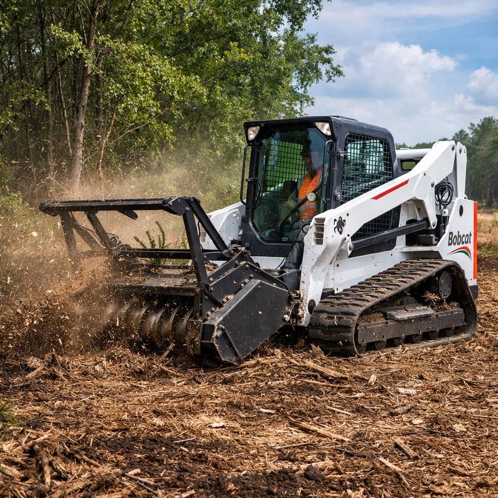 Skid steer clearing brush, kicking up dirt in a wooded area