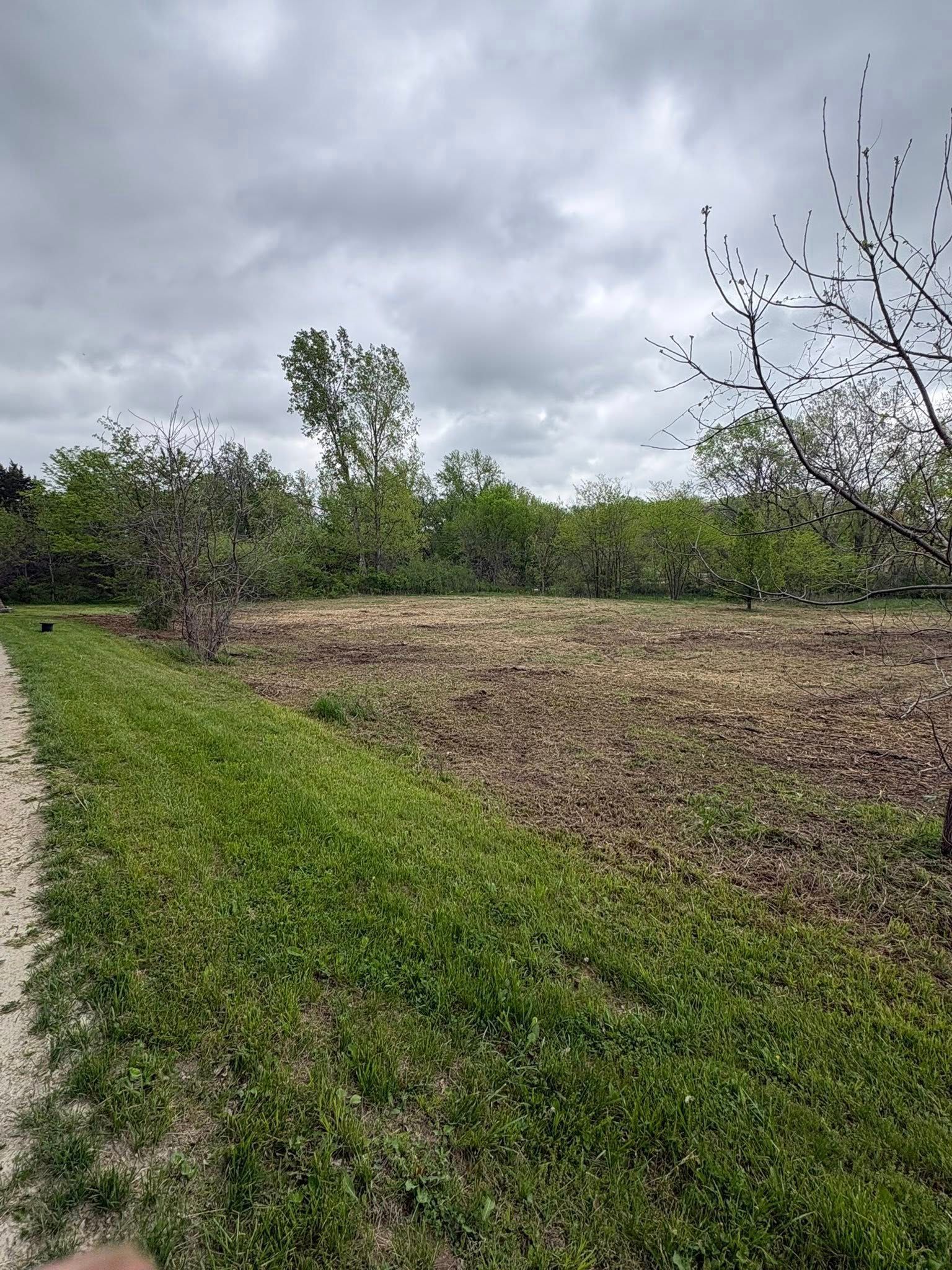 Rural field with plowed brown soil, green grass verge, and cloudy sky