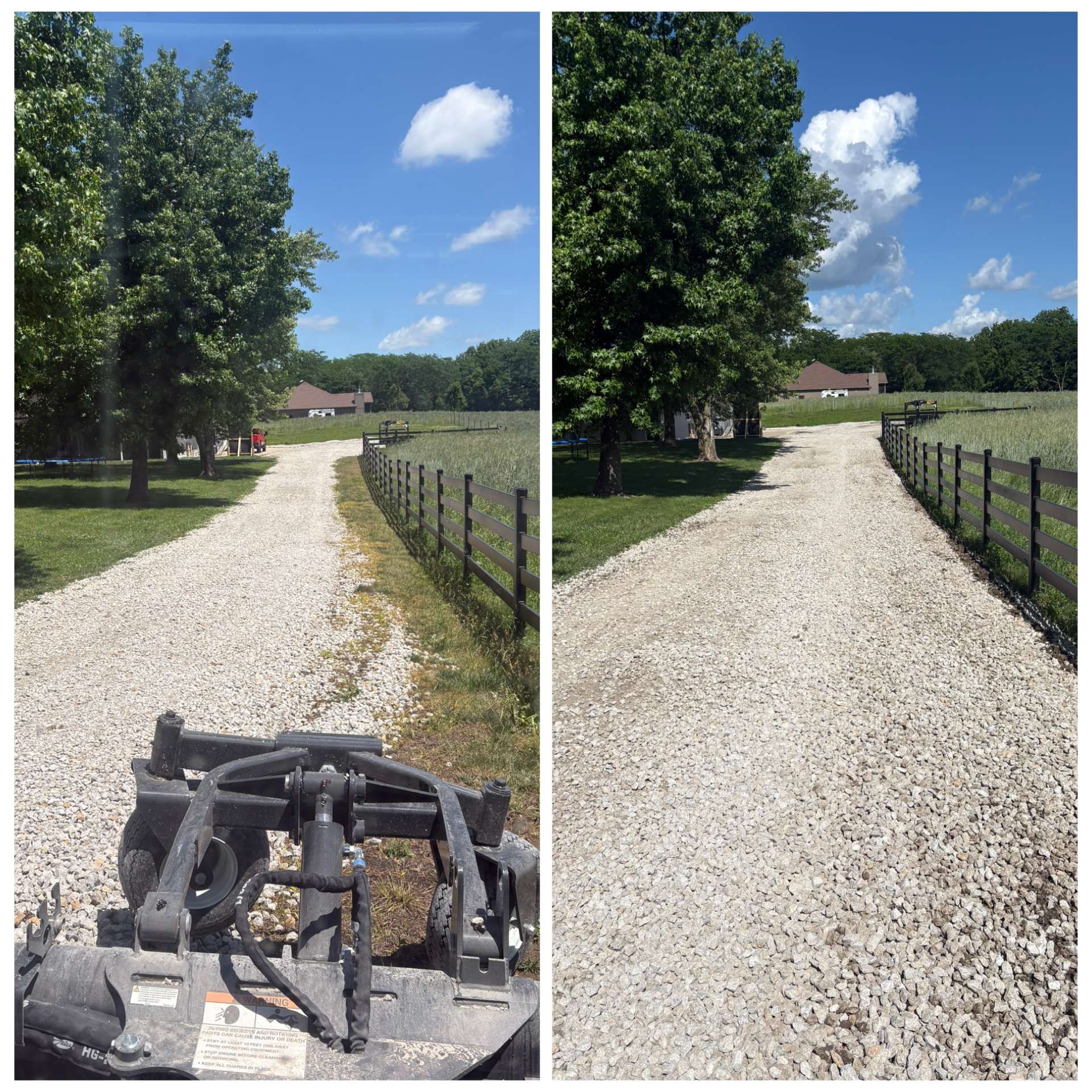 Gravel driveway before-and-after: left with mower in foreground, right cleared under blue sky and trees