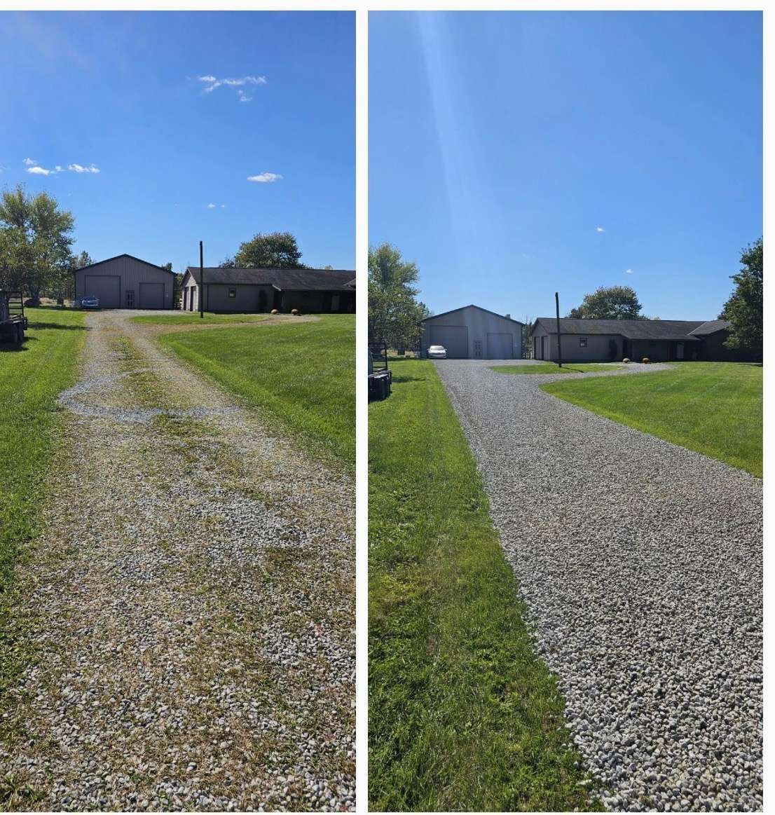 Side-by-side gravel driveway before and after, showing a wider, neater path to a house under a blue sky