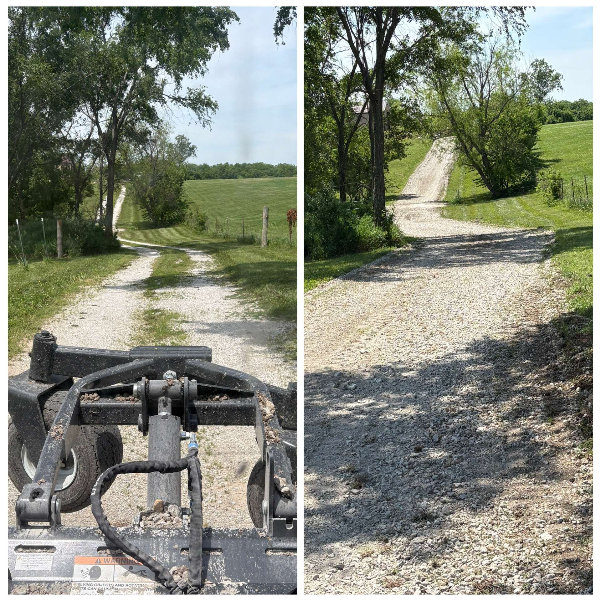 Two views from a tractor on a gravel farm lane through green fields and trees