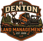 Denton Land Management LLC logo with deer, excavator, trees, and orange-black banner