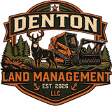 Denton Land Management LLC logo with deer, excavator, trees, and orange-black banner