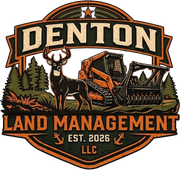 Denton Land Management LLC logo with deer, excavator, trees, and orange-black banner