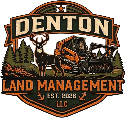 Denton Land Management LLC logo with deer, excavator, trees, and orange-black banner