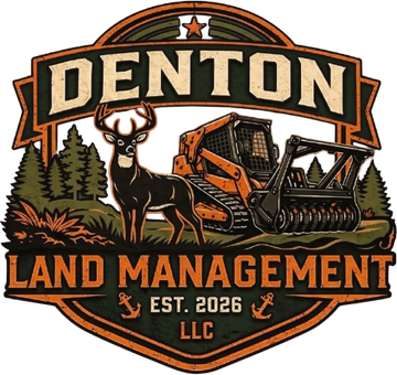Denton Land Management LLC logo with deer, excavator, trees, and orange-black banner