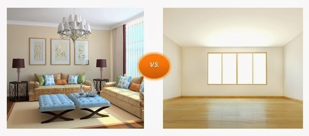 Decorated living room vs. empty room. Living room with furniture, art, and light; empty room with window.