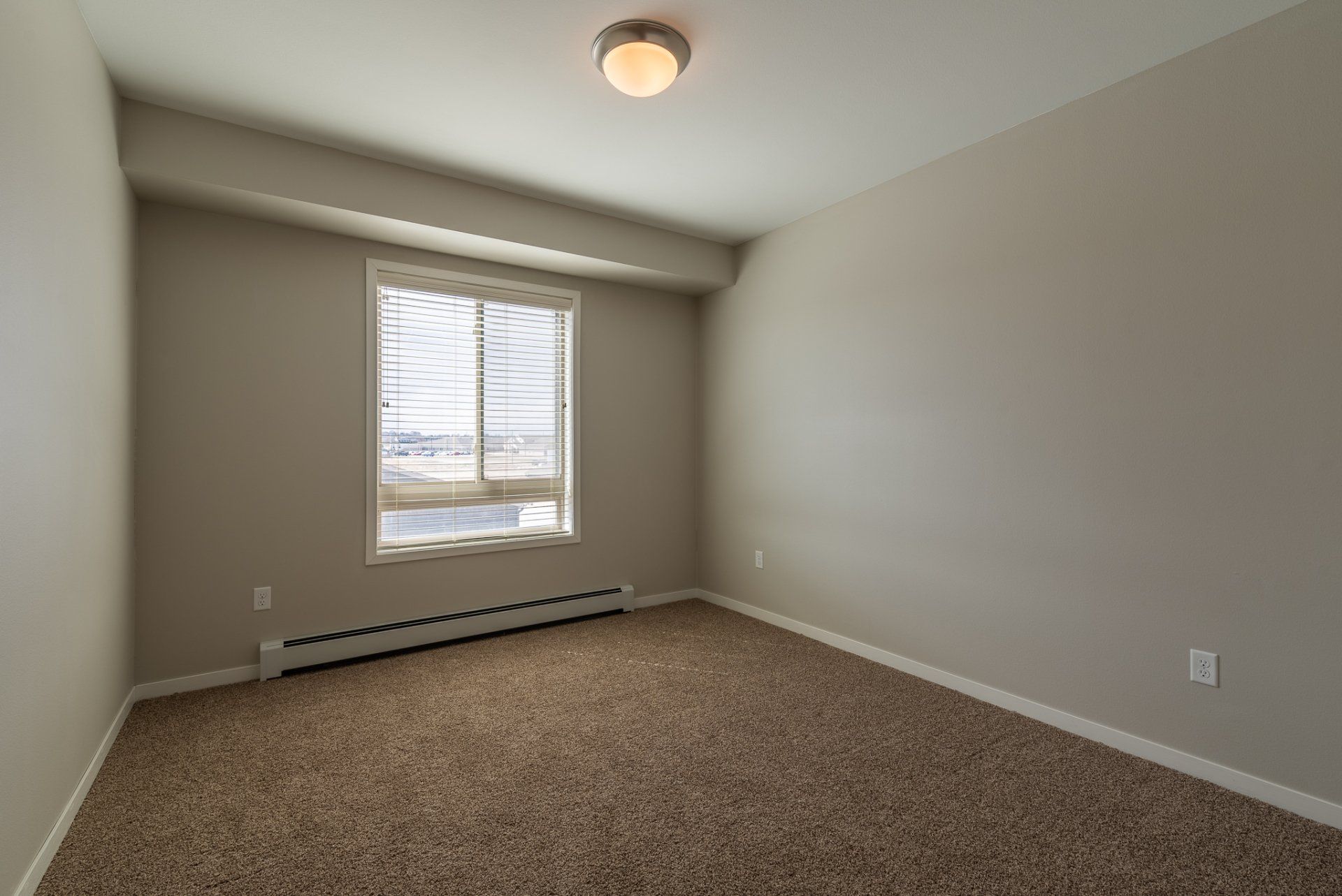 Bedroom with large window and carpeted flooring