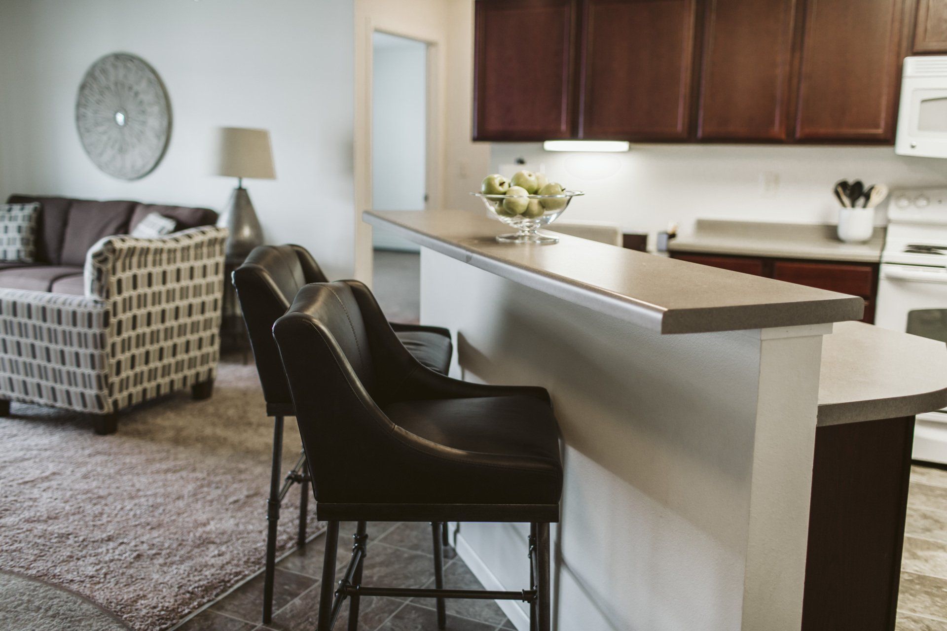 Close up shot of bar stool at kitchen island