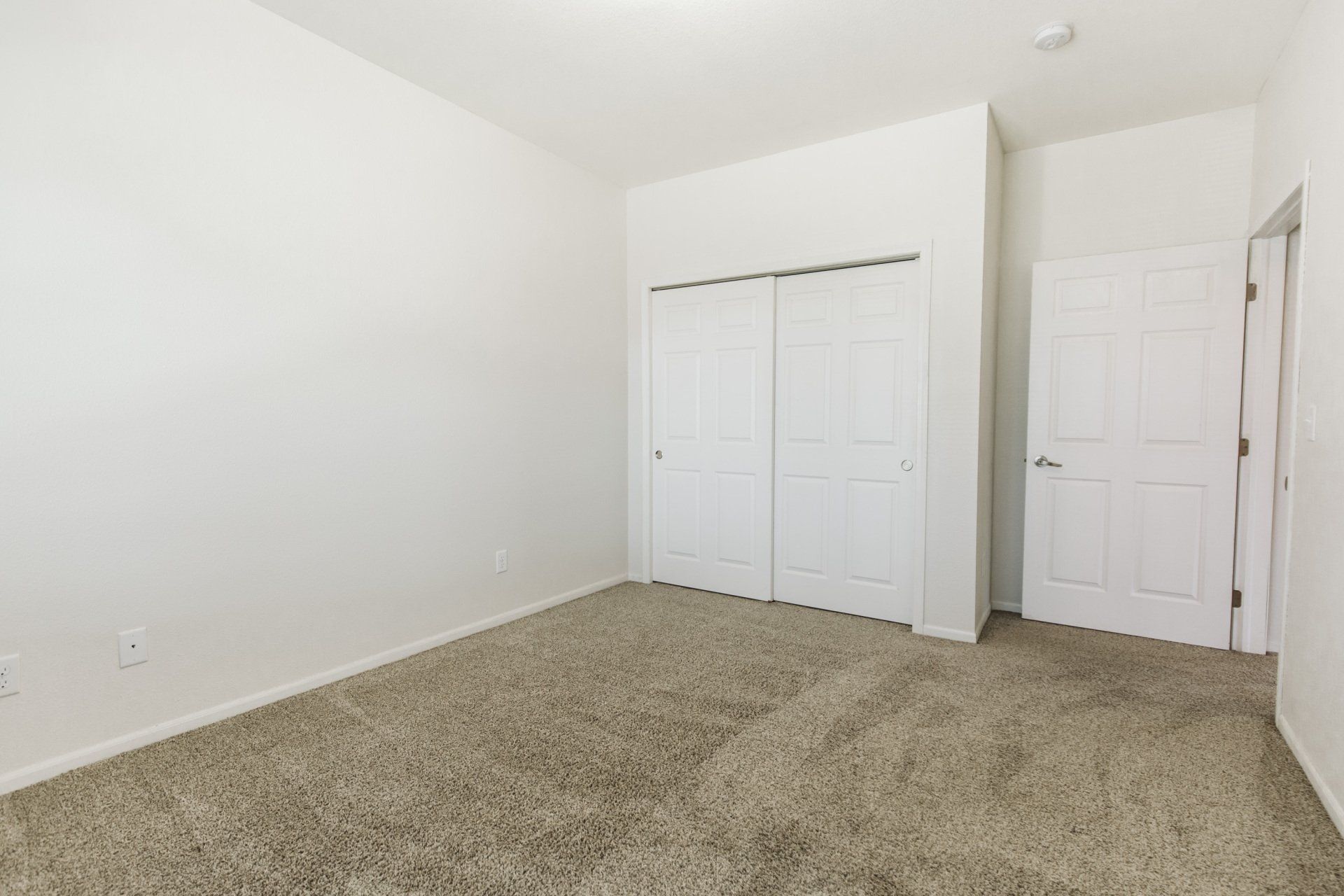 Bedroom with sliding closet doors and carpeted floor