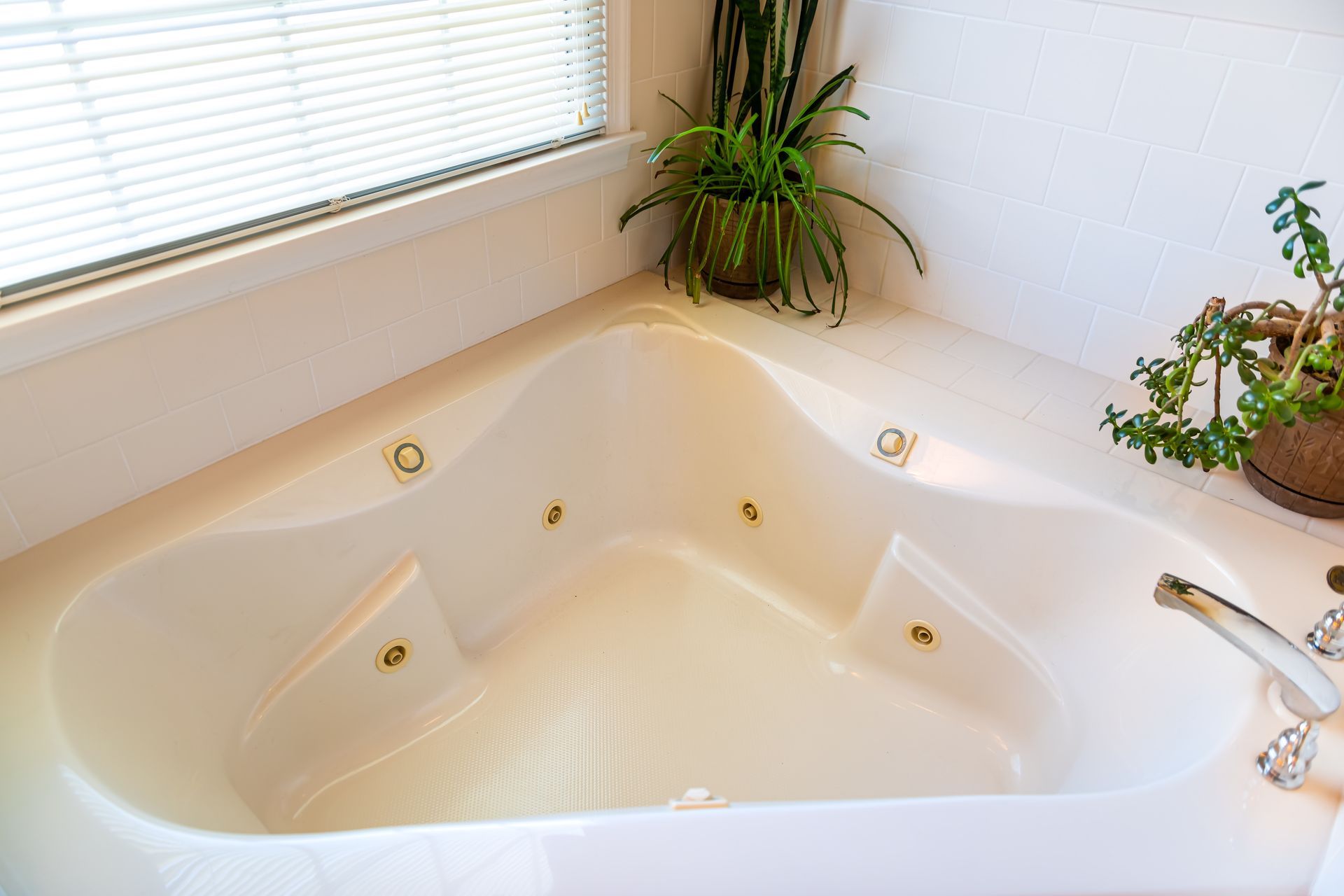 Corner jetted bathtub with whirlpool jets beside a window and houseplants.